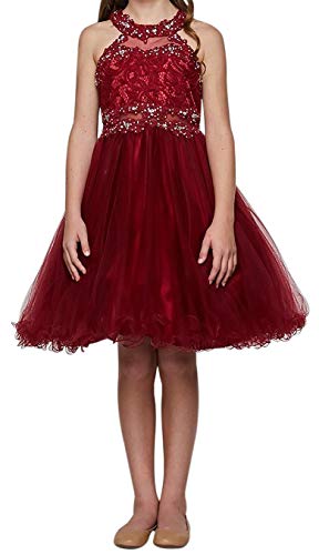Big Girls' Sparkle Rhinestones Halter Lace Junior Bridesmaid Pageant Flower Girl Dress Aqua 18 (C50C40C) #TOP6