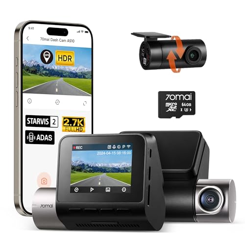 70mai Dash Cam Auto A510 Full-HD con Scheda SD da 64GB, 1944P Doppio Dashcam con GPS e WiFi, Visione Notturna, Registrazione in Loop, Modalità Parcheggio 24H, Controllo Tramite App, Massimo 256GB