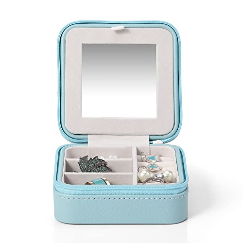 Vlando Small Travel Jewelry Box Organizer - Mirrored Jewelries Necklaces Rings Earrings Necklace Storage Case, Blue - Image 5