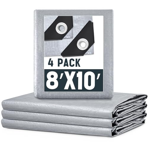 Image of 4 Pack Silver Tarps 8 x 10 ft, 5.5 Mil Waterproof Reflective Tarp, UV Resistant Sun Shade Tarps, Heavy Duty Roof Tarp for Roof Protection, Boat Cover, RV Cover, Cars, Patio Furniture, Camping