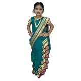 Traditional Yellow Cotton Nauvari Saree with Striped Border, Pre-Stitched Style, Kids Festival Wear...