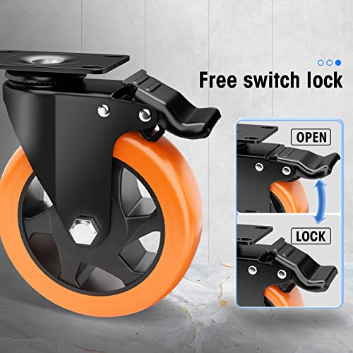 Image of 5 inch Swivel Plate Casters, 1400Lbs Capacity with Brake | Orange, 4-Pack, PU Wheels, Double Ball Bearings, Quiet & Non-Marking, for Workbenches