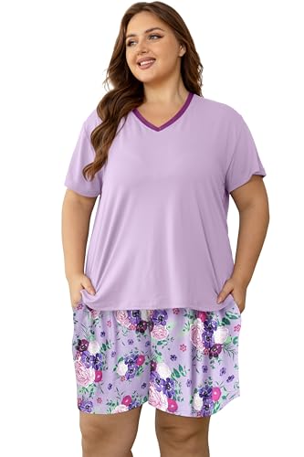 Vozanet Women's Short Sleeve Top and Shorts Pajama Sets Plus Size V Neck Colorful Flower Nighty Loungewear With TWO Pockets