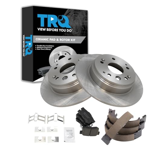 Image of TRQ Rear Brake Pad and Rotor Set Ceramic Parking Brake Shoe Compatible with 2004-2008 Acura TL 2003-2011 Honda Element