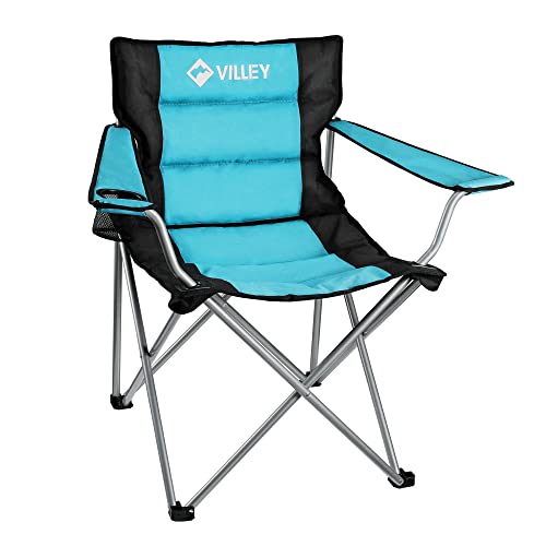 VILLEY-Camping-Chairs-Padded-Folding-Chair-Outdoor-Portable-High-Camp-Chair-Foldable-Outside-Arm-Chair-with-Cup-Holder-Carry-Bag-Blue