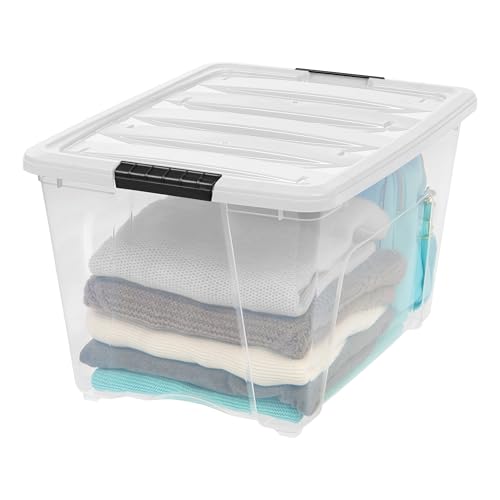 Image of IRIS USA 6-Pack 54 Quart Stackable Storage Bins with Lids [Made in USA] - Everyday Organizer Latching Clear Plastic Organization Containers Closet Bedroom Shelving Units Home Storage - Clear /White