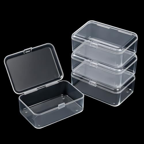 4 Pcs Mini Clear Plastic Storage Containers 3.7x2.5x1 inches Small Box with Hinged Lid Rectangle Organizer for Collecting Small Items Beads Jewelry Business Cards Game Pieces Crafts Accessories