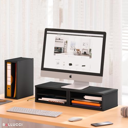 Ballucci File Organizer, 2-Tier Document Paper Sorter, Stackable Wood Desk Organizer Mail Holder, Monitor Stand with Storage Shelves, Black - Thumbnail 2