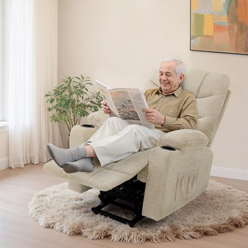 M MCombo Fernsehsessel mit Aufstehhilfe Elektrisch, Sessel mit Aufstehhilfe, fernsehsessel mit liegefunktion bis 140°, Seniorensessel für Wohnzimmer, mit USB 7286 (Beige-Stoff) – Bild 7