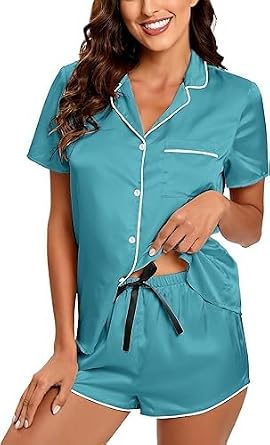 Silk Pajamas for Women Soft Satin Short PJ Set 2 Piece Loungewear Summer pjs Notch Collar Button-Down Sleepwear Night Wear Turquoise