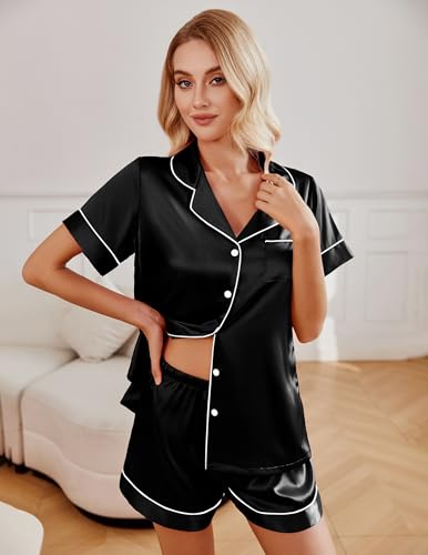 Ekouaer 2 Pack Pajama Sets for Women Silk Satin Pj Short Sleeve Button Down Sleepwear Top and Shorts Summer Lounge Set S-XXL4
