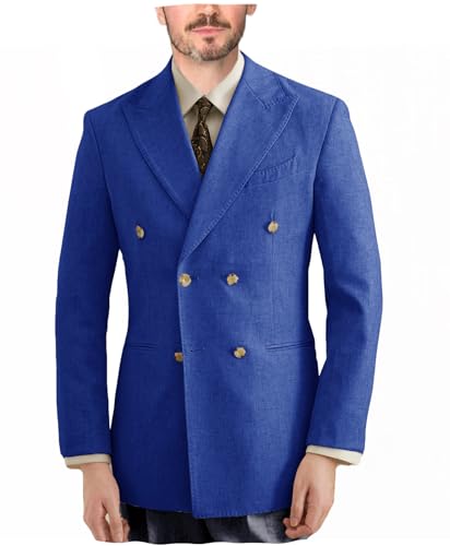 Men's Linen Blazer Slim Fit Double Breasted Suit Jacket Casual Sports Coat for Business Wedding Prom Formal Events Party
