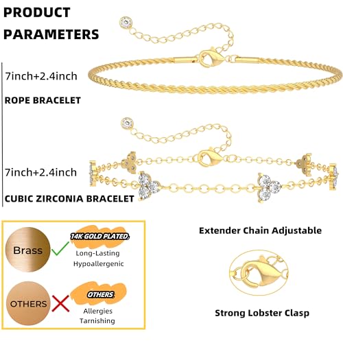Bracelet for Women - Dainty Stack Bracelets Trendy Adjustable 14K Gold Plated Thin Paperclip Bead Box Satellite Figaro Cuban Link Chain Bracelet Set for Women Waterproof Jewelry Gift
