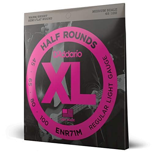 D'Addario Bass Guitar Strings, XL Nickel Half Rounds, ENR71M, Medium Scale, Regular Light Gauge 45-100, 4-String Set, Pack of 1