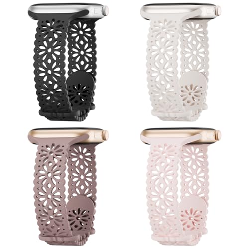 Image of 4 Pack Slim Lace Silicone Bands Compatible for Apple Watch 38mm 40mm 41mm 42mm 44mm 45mm 46mm 49mm, Thin Hollow-out Floral Breathable Strap for iWatch Series 11 /10 /9 /8 /7 /6 /5 /4 /3 /2 /1Ultra SE Women Men