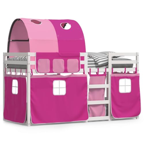 Vopese Litera con cortinas color rosa, 90 x 190 cm, madera maciza de pino, marco de cama para niños, adultos, gemelos, dormitorio infantil, muebles para cama doble, juego de cama tipo 3