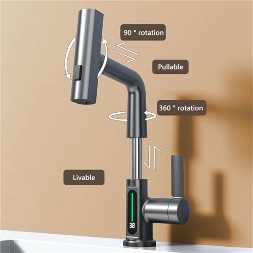 Grifo para baño y cocina con cascada y pantalla digital inteligente en blanco. 7