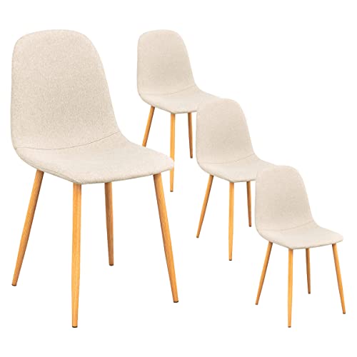 FurnitureR Juego de 4 sillas de Comedor tapizadas de Lino Minimalista, Silla Auxiliar sin Brazos Que Ahorra Espacio en la Cocina. Asiento con Respaldo Alto y Pata de Metal Roble Claro, Beige