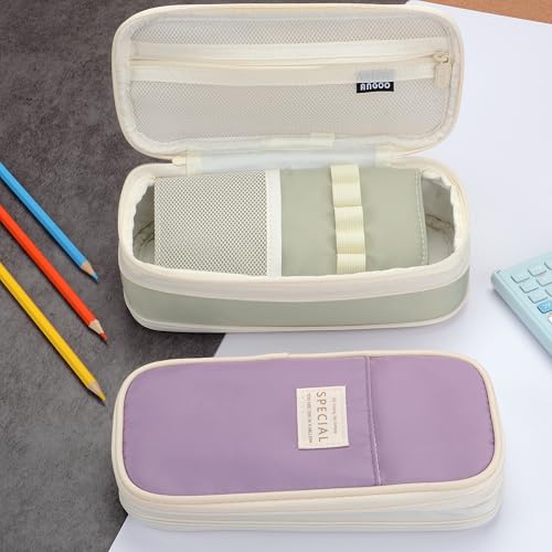 Image of Large Capacity Canvas Pencil Case Organizer Holder Pouch Bag with Zipper Compartments for Women Girls School Adults (Green)