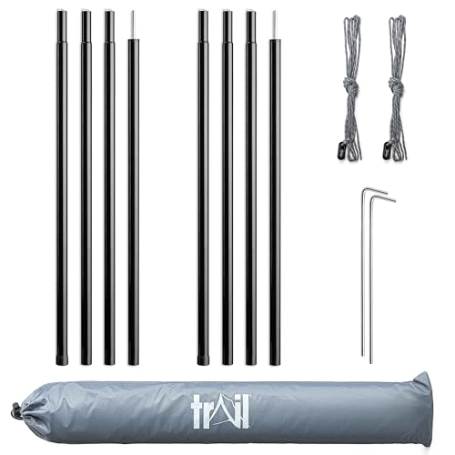 Trail Tent Tarp Poles Set of 2, Universal Height Adjustable King Poles with Pegs, Guy-Lines & Bag, Heavy Duty Tubular Steel, Camping Awning Canopy Porch Door Shelter Accessories, Max Height 180cm