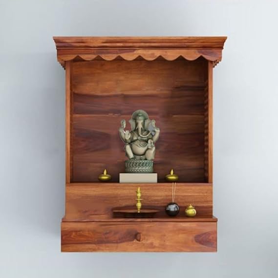 Image of Sheesham Wood Temple Solid Wood Classic Wooden Temple for Home, Office Pooja Mandir with 1 Drawer for Storage Home Decoration | Wall Devghar
