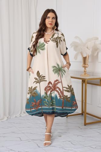 OSTOO Plus Size Women's Floral Print V-Neck Short Sleeve Maxi Dress with Pockets Casual Tropical A-Line Dresses3