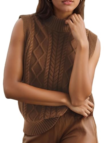 Image of Women's Casual Mock Neck Sleeveless Work Office Sweater Tanks Vintage Cable Rhomboid Knitted Pullovers Vest
