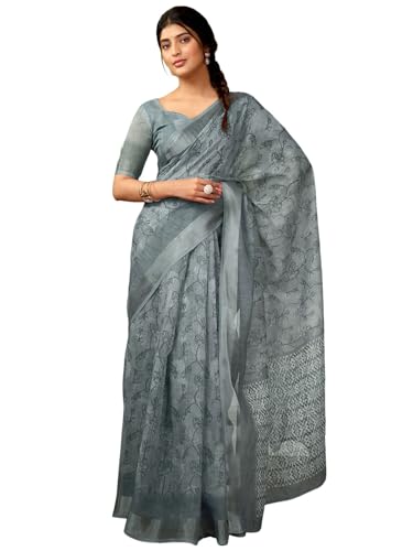 Image of Satrani Women's Linen Printed & Zari Border Ready To Wear One Minute Pre Pleated Readymade Saree with Unstitched Blouse Piece