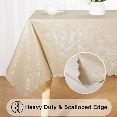 Image of Smiry Rectangle Table Cloth, Waterproof Heavy Duty Vinyl Tablecloths, Wipeable Washable Table Cover for Kitchen and Dining Room (Beige, 60 inch X 140 inch)