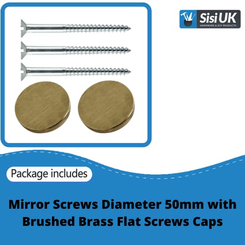 Mirror Screws, 50mm & 19mm Brushed Brass Flat Head, Decorative Cap Covers, Pack of 8 for Mirror Tables Bath Plates - Image 2