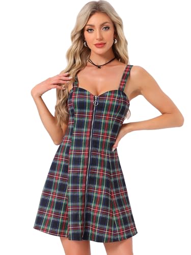 Image of Allegra K Women's Plaid Tube Dress Zip Up Strap Sleeveless Party Mini A-Line Dress