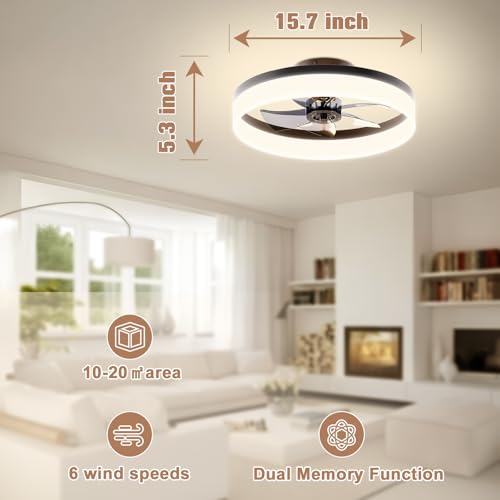 Image of VOLISUN Low Profile Ceiling Fans with Lights and Remote,15.7in Modern Ceiling Fan Flush Mount,3000K-6500K Dimmable Bladeless LED Fan Light,Black Fandelier Ceiling Fans with Lights for Bedroom
