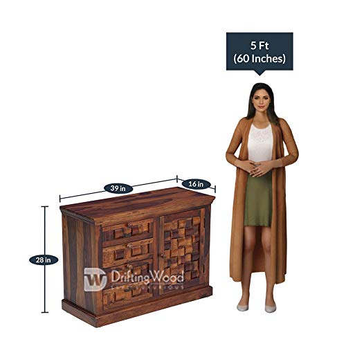 Image of DRIFTINGWOOD Solid Sheesham Wood Sideboard Tv Cabinet for Living Room | Free Standing Movable Tv Unit Side Board Table with 4 Drawer & Door Cabinet Storage Furniture for Home | Honey