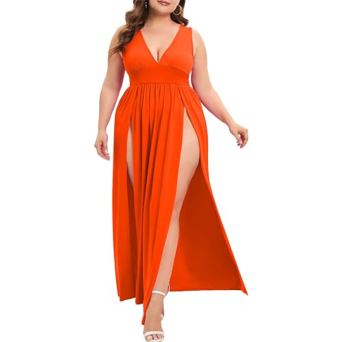 Image of SILUI Women's Summer 2026 Sexy Double High Slit Deep V Neck Plus Size Sundresses Thigh Split Maxi Club Party Dresses