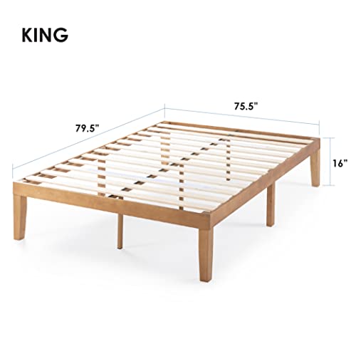 Mellow Naturalista Classic 16 Inch Solid Wood Platform Bed with Wooden Slats, Natural Pine, King