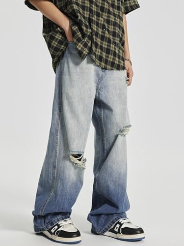 Jeans Pants Trouser Denim Retro Gradient with Hole Loose Straight High Street Men's4