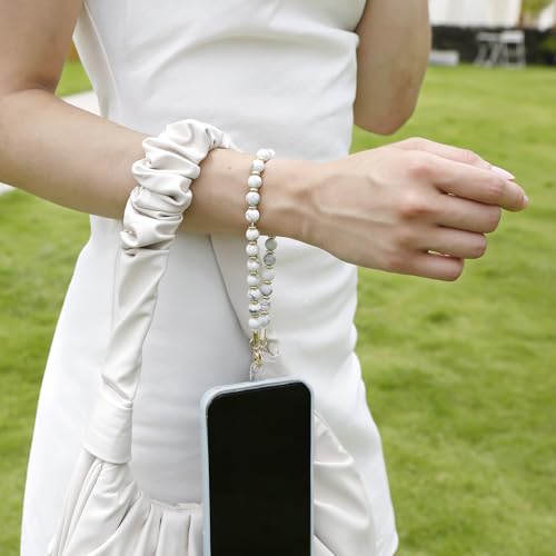 Image of TENOC Marble Beaded Phone Wrist Strap, Marble White | Cellphone Lanyard Chain, Sparkling Wristlet Bracelet, For Women