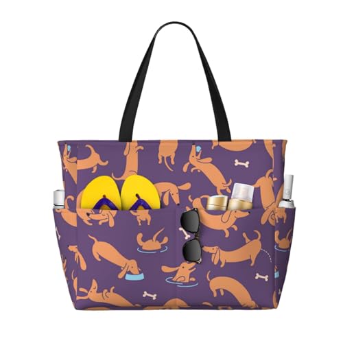 Sac de plage femme grand sac à bandoulière cabas fourre-tout imprimé chien teckel
