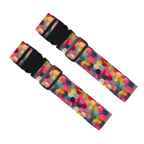 Image of Colorful Luggage Straps 2 Pack - Geometric Hexagon Pattern Suitcase Belts with Quick-Release Buckle, Spring Summer Travel Accessories