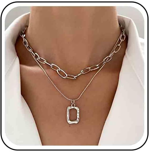 Vintage Layered Square Pendant Necklace Hammered Square Necklace Hollow Square Choker Necklace Gold Chunky Paperclip Chain Necklace Jewelry for Women (Gold)