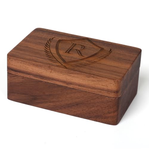 Image of Mens Initial Cufflinks and Tie Clip A-Z Alphabet Letter Black Stainless Cuff Links Tie Bar with Engraved Walnut Wood Box Groom Groomsman Wedding Set