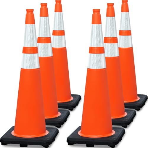 OranLite 6 Pack Extra Large 36' Inch PVC Traffic Cones with Heavy-Duty Base, High-Visibility All-Weather Safety Cones for Road Construction, Parking Lot, and Garage Use (6, Orange, 36' Extra Large)