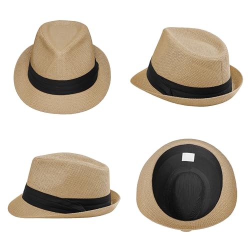 Image of Straw Trilby Fedora Hat for Men Women 1920s Panama Hat Short Brim Summer Beach Sun Hat with Band