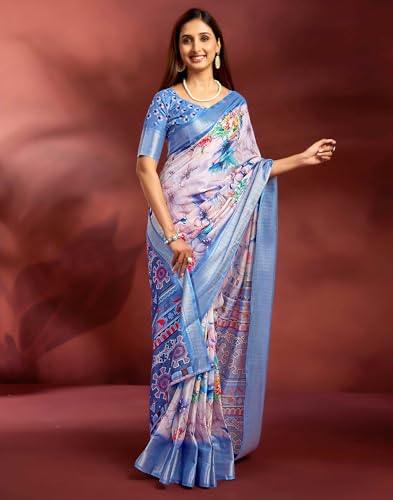 Image of SIRIL Women's Dola Silk Printed Jacquard Border Ready To Wear Saree with Unstitched Blouse Piece