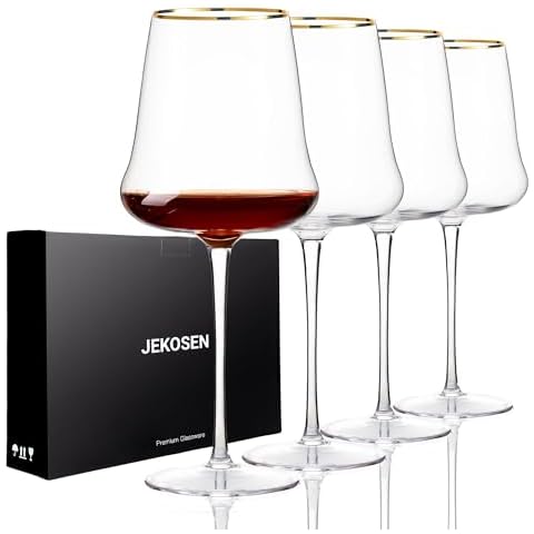 JEKOSEN NEW Red Wine Glasses With Gold Rim 23 Ounce Set of 4 Long Stem Clear Wine Glasses Premium Crystal Gift for Christmas, Birthday, Anniversary or Any Special Occasion Cover