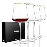 JEKOSEN New Red Wine Glasses With Gold Rim Set of 4 Long Stem Clear Wine Glasses Premium Crystal Gift for Christmas, Birthday, Anniversary or Any Special Occasion 23 Ounce