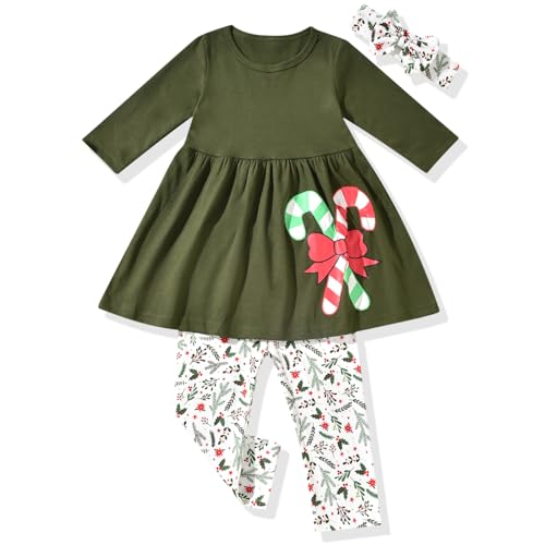 Image of Toddler-Girls-Fall-Clothes-Set Little Girls Highlow Tunic Tops+Leggings Outfit Boutique Clothing, Xmas Green, 2T