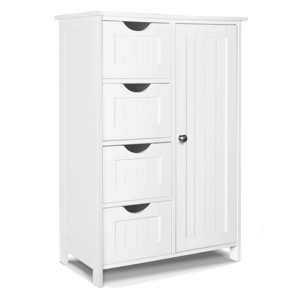 Bathroom Floor Storage Cabinet, Freestanding Storage Unit with Adjustable Shelf, 4 Drawers & Door, for Bedroom, Kitchen, Living Room, Entryway, White