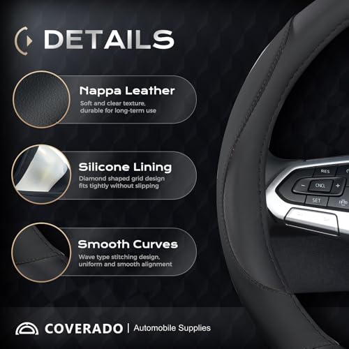 Image of Coverado Car Steering Wheel Cover, Nappa Leather Black Steering Wheel Covers for Women, Universal 14-15 inch, Anti-Slip, Breathable Steering Wheel Protector