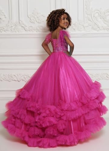 Girls Pageant Dresses Princess Long Tulle Feathers Sequin Dress Birthday Party Girls Ball Gown2